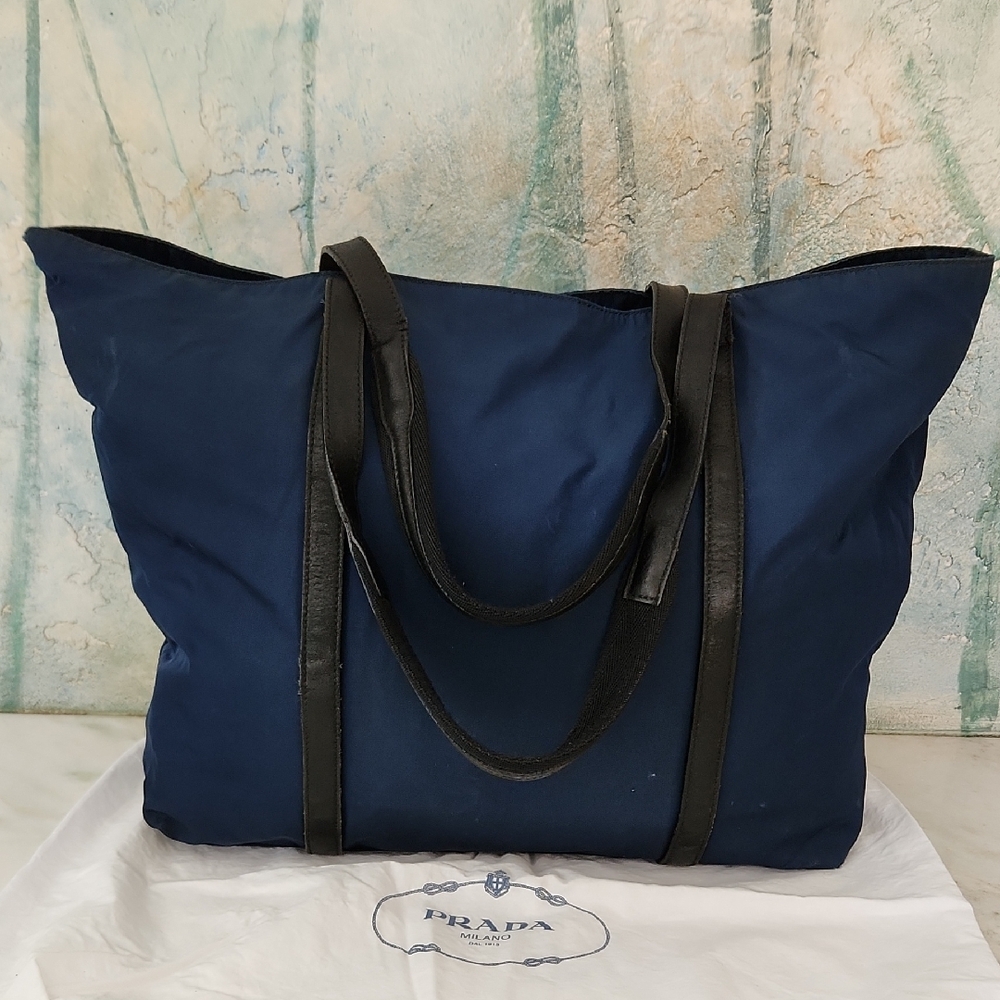 Prada Large Tote Bag in Navy Blue And Black with Silver Accent